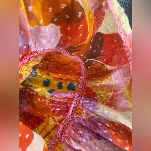 FARM RIO Patch Twirl Midi Dress Puff Sleeve Sz M Multicolor Drawstring Tie Neck - Picture 10 of 15